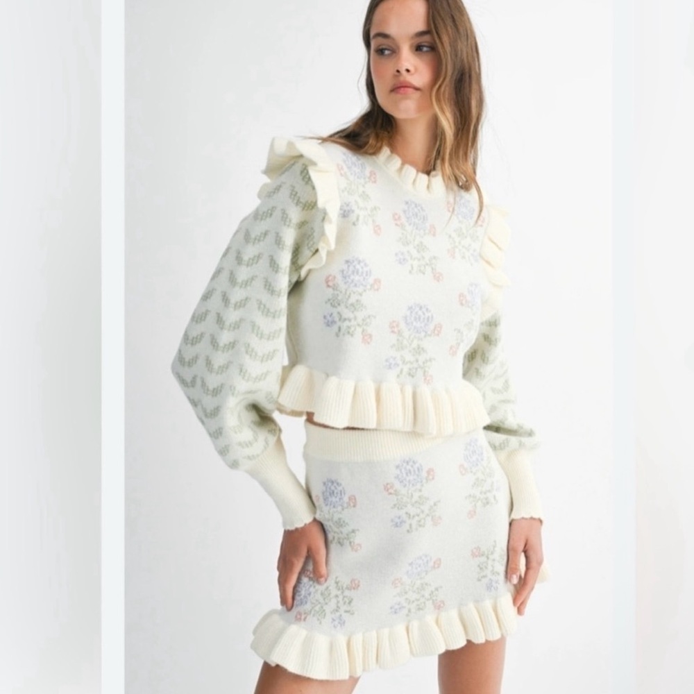 NWT Mabel Anthropologie Amelia Floral Knit Sweater & Skirt Set, Size Medium